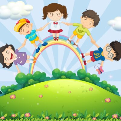 Children Illustration of children holding hands over the rainbow